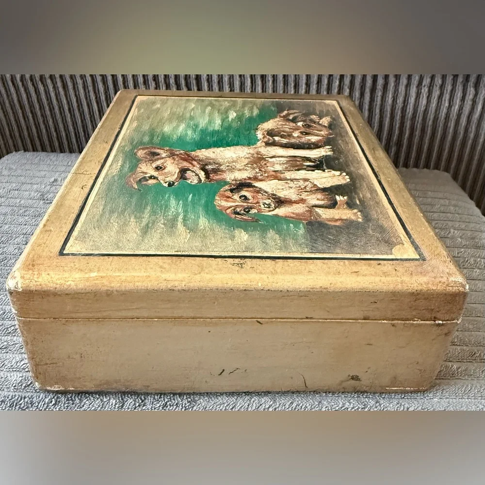 Antique Handpainted Signed Meyer Dog Cat Tin Boxes Jewelry Trinket Lot Of 4