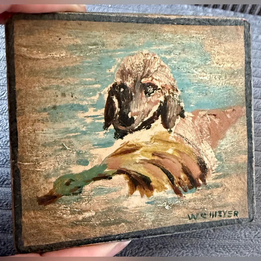 Antique Handpainted Signed Meyer Dog Cat Tin Boxes Jewelry Trinket Lot Of 4