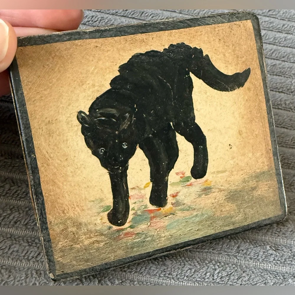 Antique Handpainted Signed Meyer Dog Cat Tin Boxes Jewelry Trinket Lot Of 4