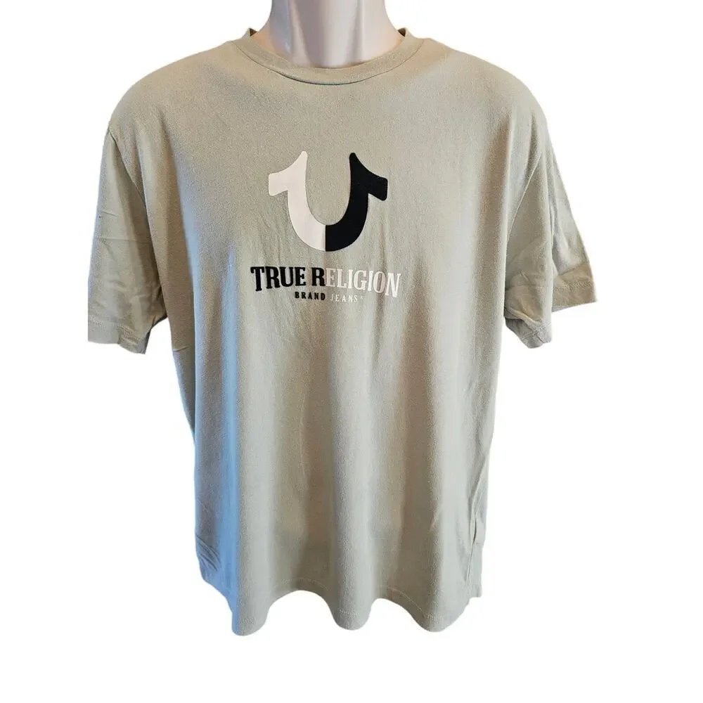 True religion size L large men's mixed media spell out velvet casual t shirt