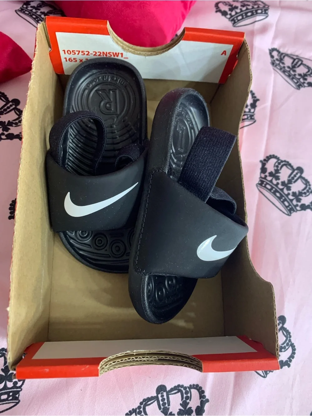 Nike Kids Black Slides with White Swoosh and Heel Strap