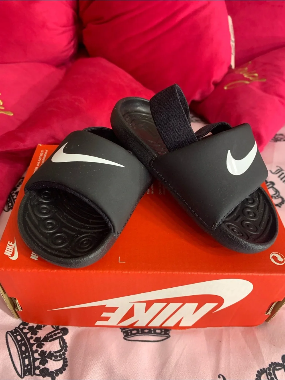 Nike Kids Black Slides with White Swoosh and Heel Strap