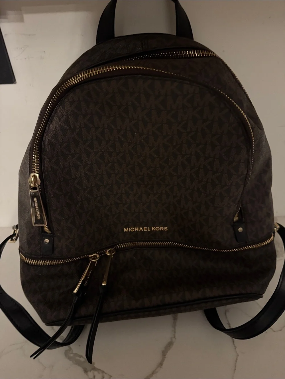 Michael Kors Brown MK Monogram Backpack with Gold Hardware