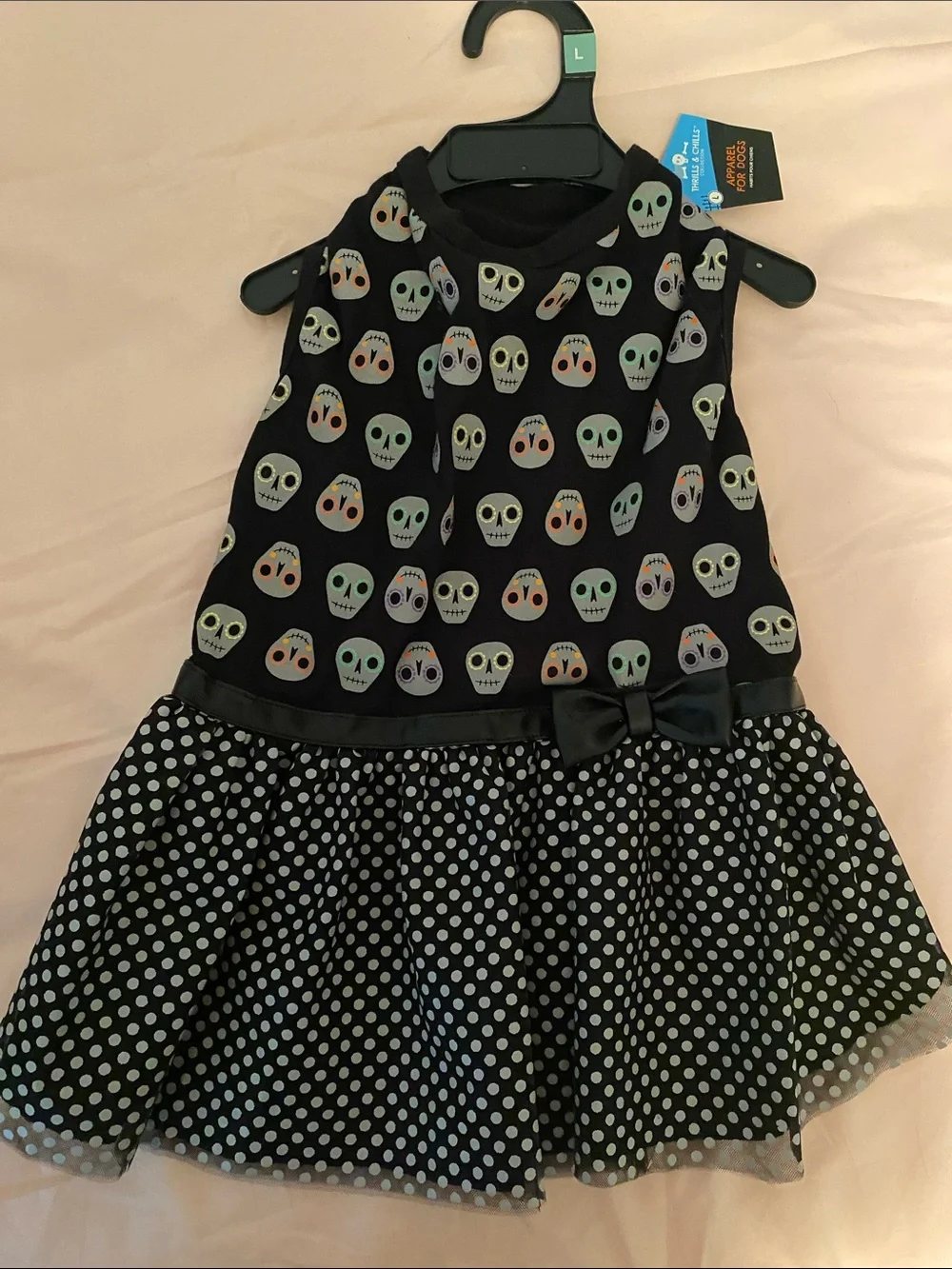 For Dog- Black Skull & Polka Dot Dress with Bow - size Large