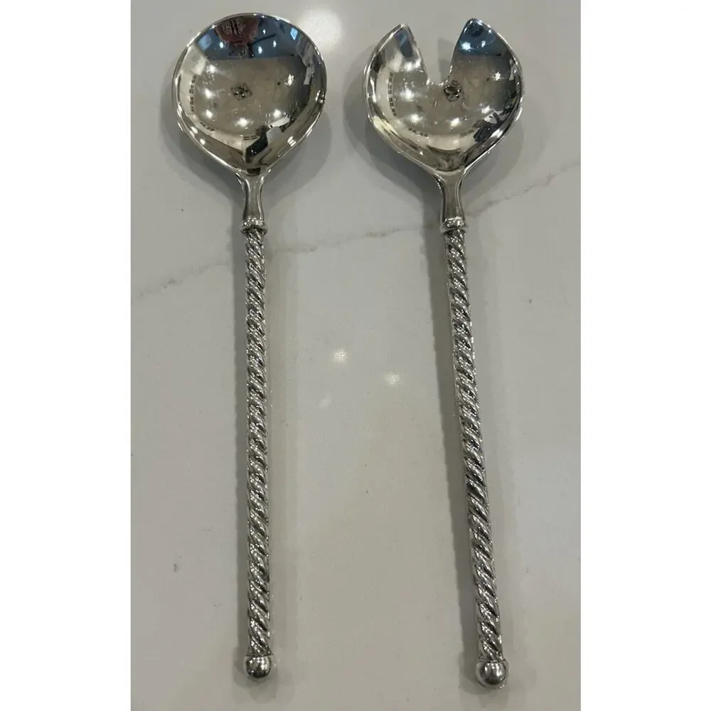 Vtg EP ZINC Italy Serving Salad Spoon and Fork Set Twisted Silverplated 9.5