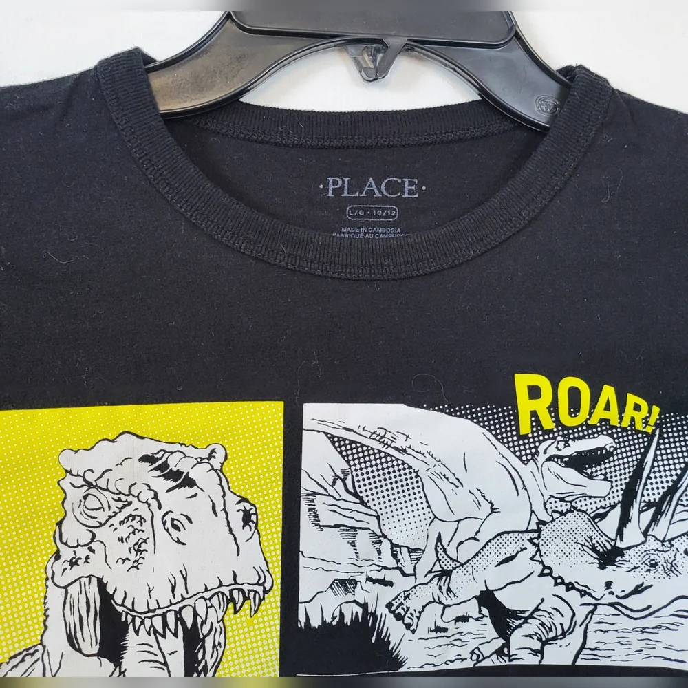 Children's Place Boys Black White Dino Comic Graphic‎ Long Sleeve Tee Sz L 10/12