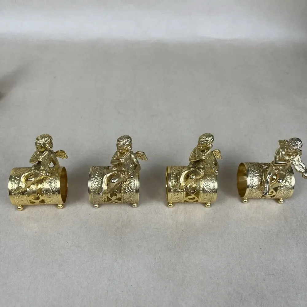 VTG 8pc Gold Tone‎ Metal Angel Playing Violin Filigree Napkin Ring Holder Signed