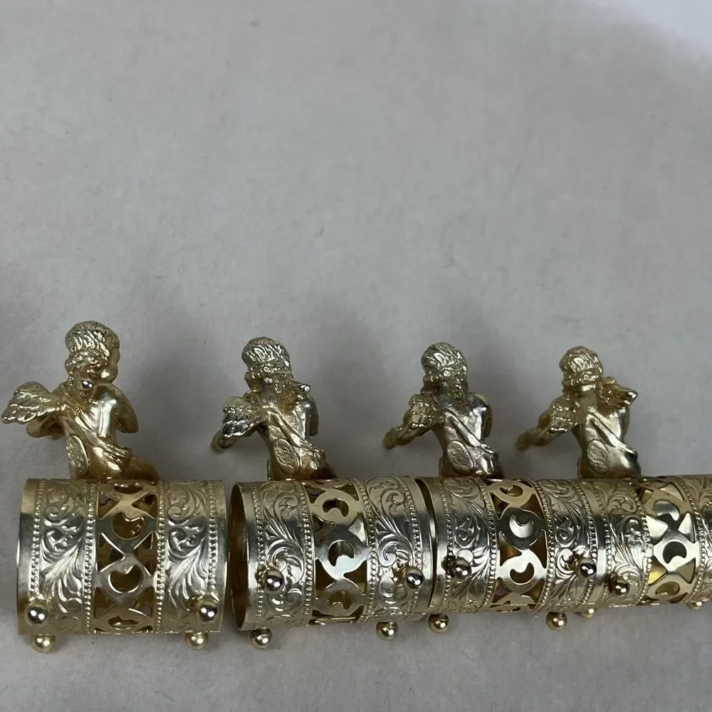 VTG 8pc Gold Tone‎ Metal Angel Playing Violin Filigree Napkin Ring Holder Signed
