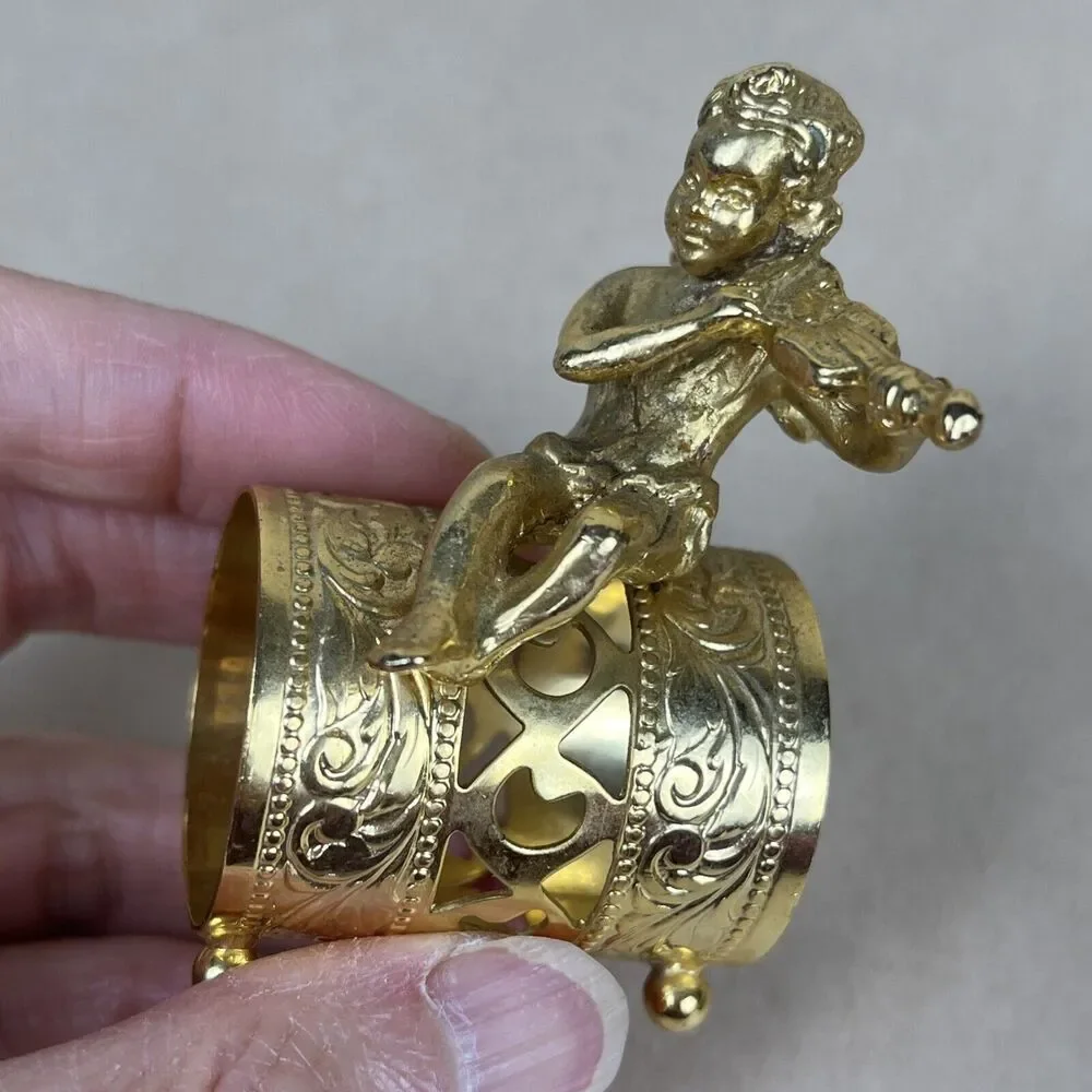 VTG 8pc Gold Tone‎ Metal Angel Playing Violin Filigree Napkin Ring Holder Signed