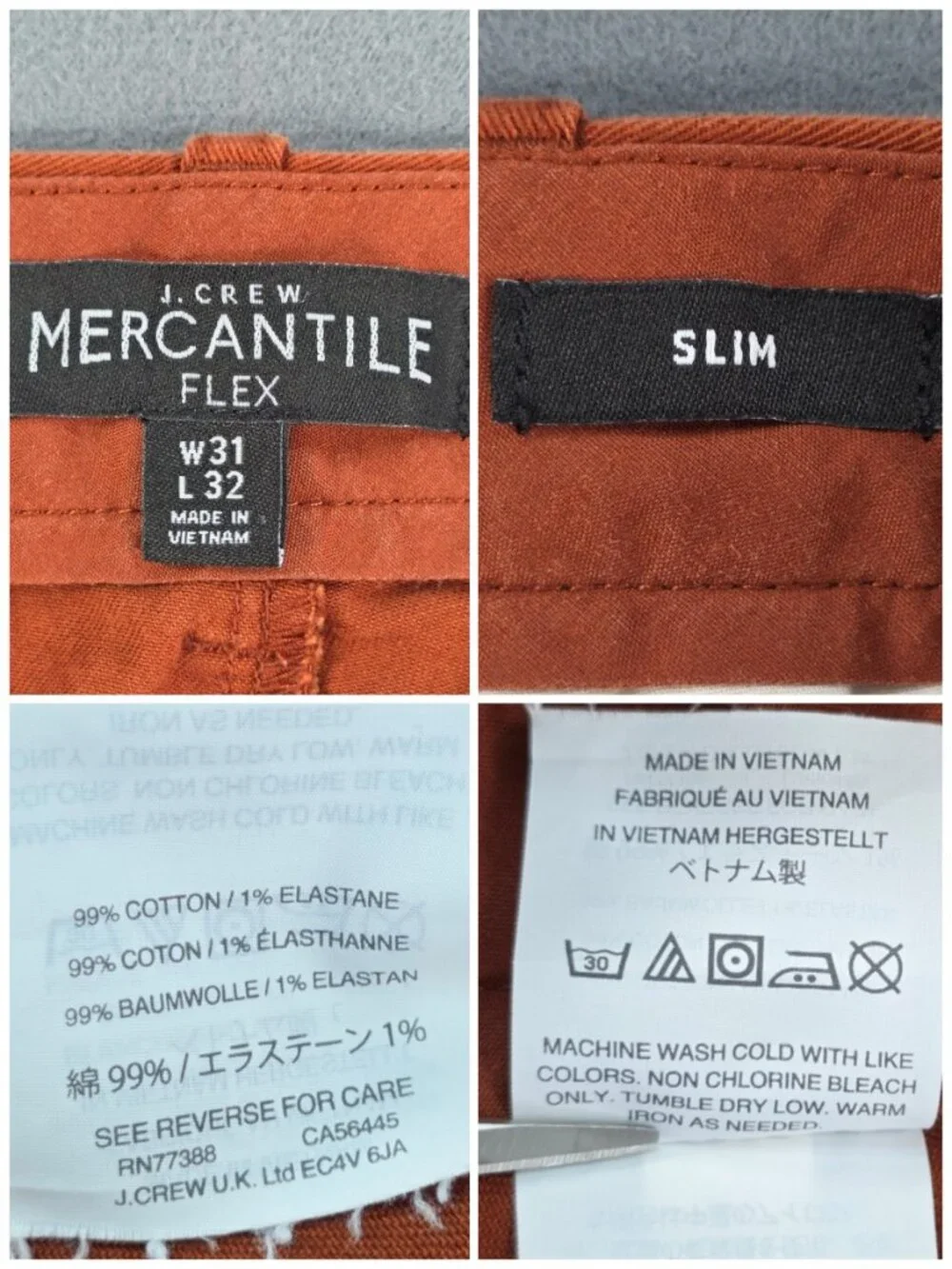 J. Crew Mercantile Flex Men's Slim Chino Pants 31x32 Burnt Orange