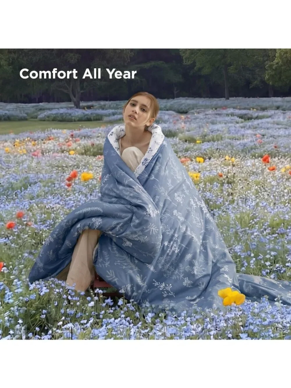 Floral Reversible Comforter Set - Cute Queen Bedding in Infinity Blue Design