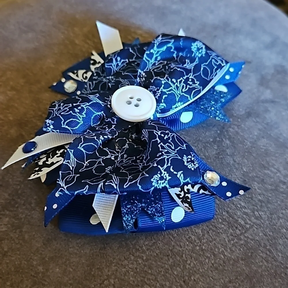 HANDMADE Blue Button Ribbon Coquette Hair Bow Clip