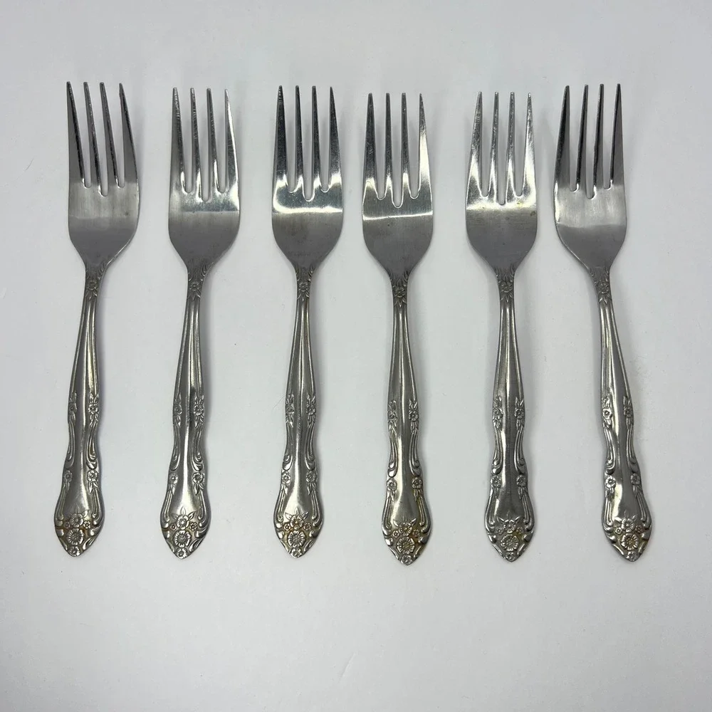 Stanley Roberts Dream Rose Stainless 6 Salad Forks Rogers Co Japan Vintage 70s