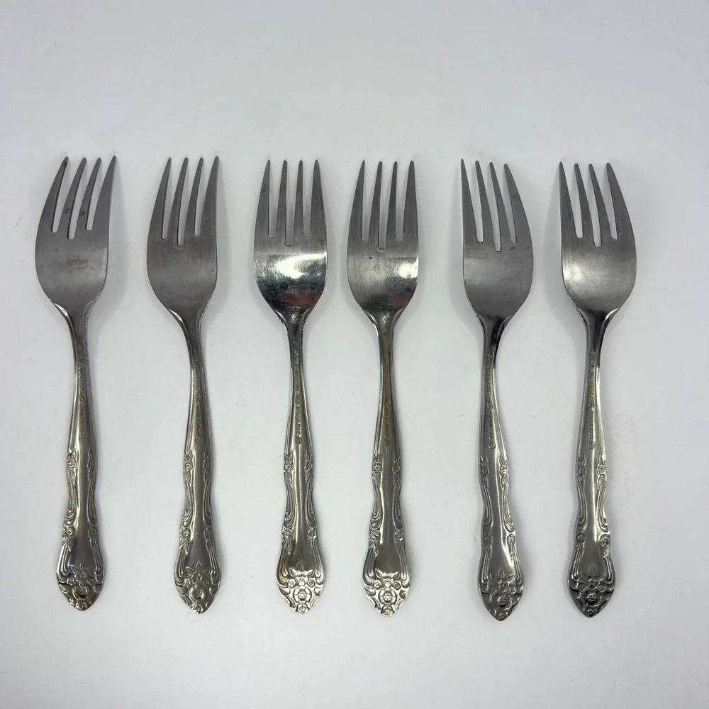 Stanley Roberts Dream Rose Stainless 6 Salad Forks Rogers Co Japan Vintage 70s