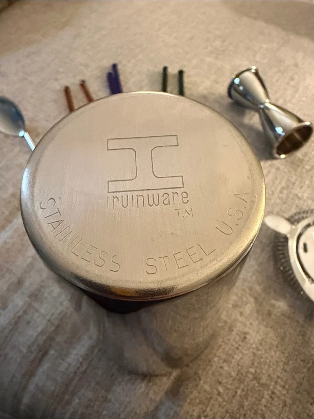 Vintage Barware: Stainless Steel Shaker, Jigger, Strainer, Spoon; Glass Stirrers