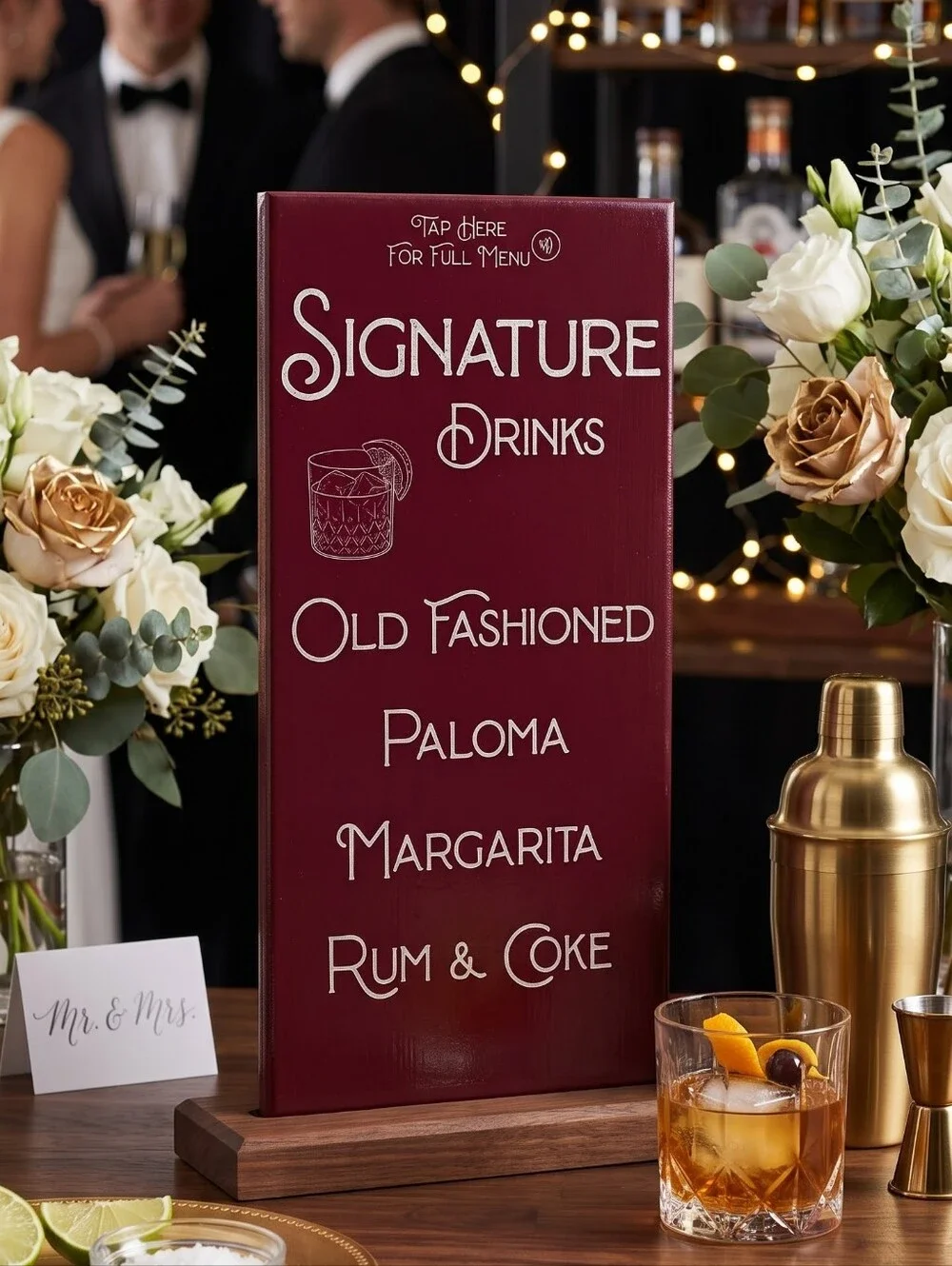 Signature Drinks Menu Sign - Burgundy Wood Tabletop