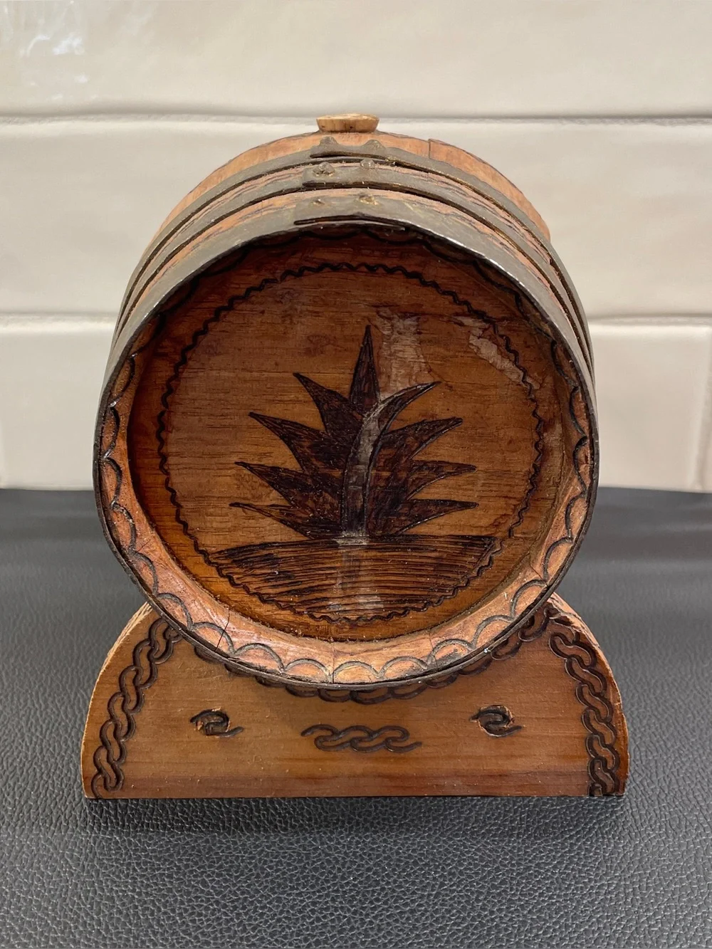 Old Miniature Wooden Tequila Barrel With Spout and Stand