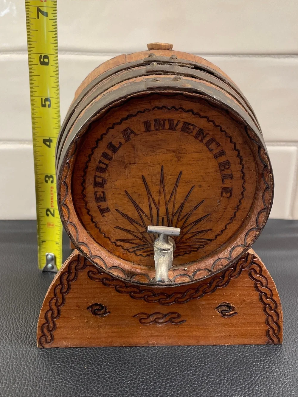Old Miniature Wooden Tequila Barrel With Spout and Stand