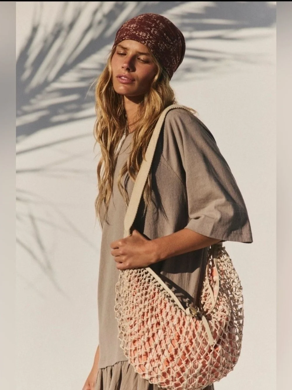 Free People Cream Net Knotted Hobo Shoulder Bag Drawstring Striped Orange Lining