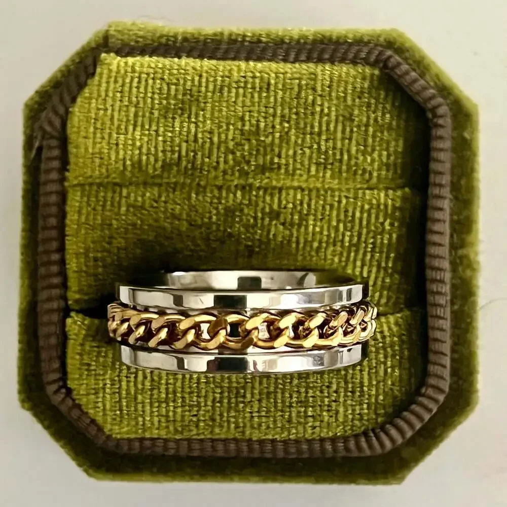 Two-Tone Spinner Ring with Gold Curb Chain and Silver Stainless Steel 8mm Band S