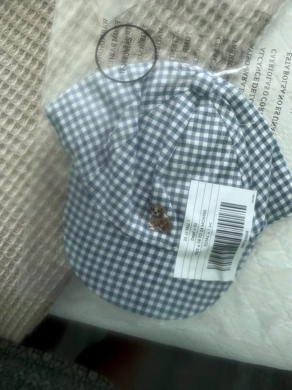 Blue Gingham Kids' Cap with Bear Patch 18 to 24 months NWT, Janie and Jack