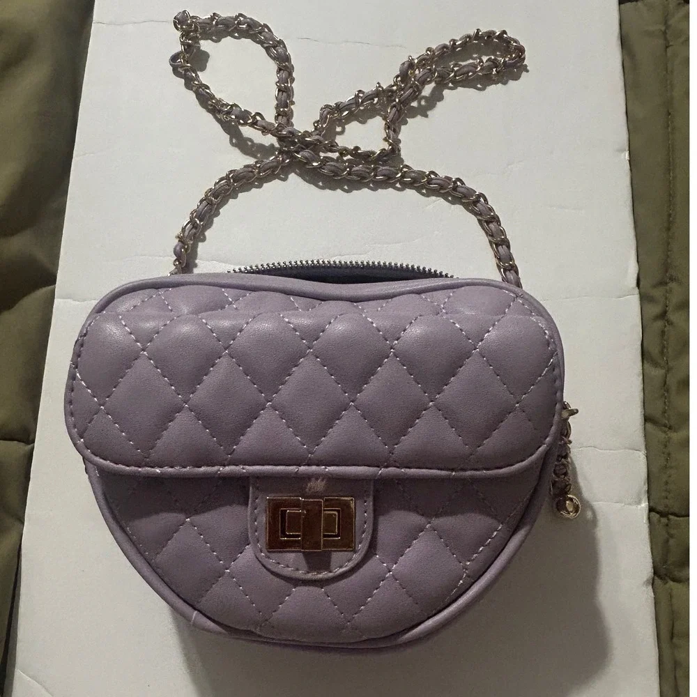 Kids Lavender Quilted Heart Crossbody Bag Purple Gold Chain Strap Purse