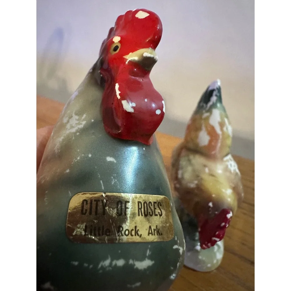 Vintage Ceramic Rooster Hen Salt Pepper Shakers City of Roses Little Rock AR