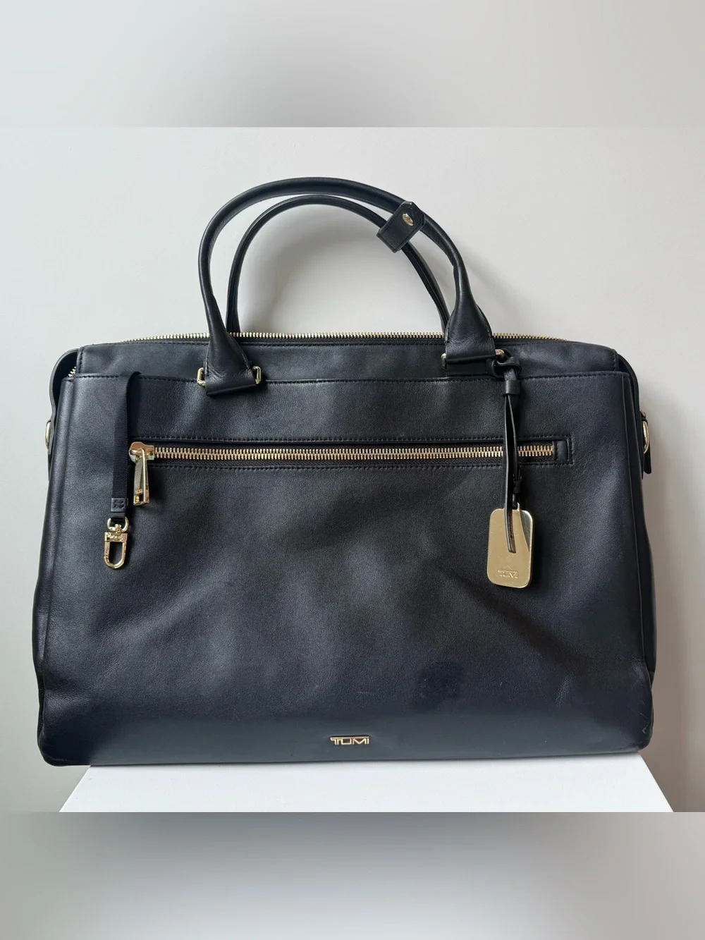 Tumi Black Leather Tote with Gold Hardware