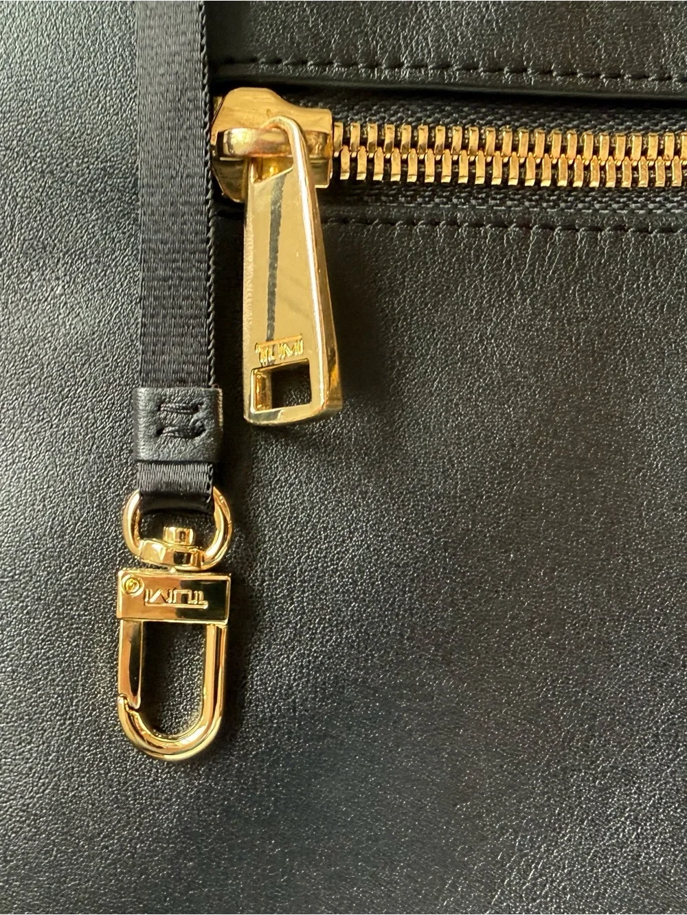 Tumi Black Leather Tote with Gold Hardware