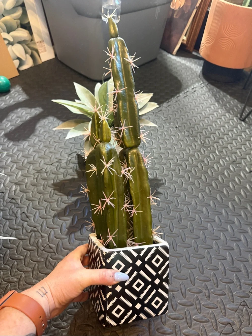 Artificial Green Cactus Plant in Black & White Geometric Pot