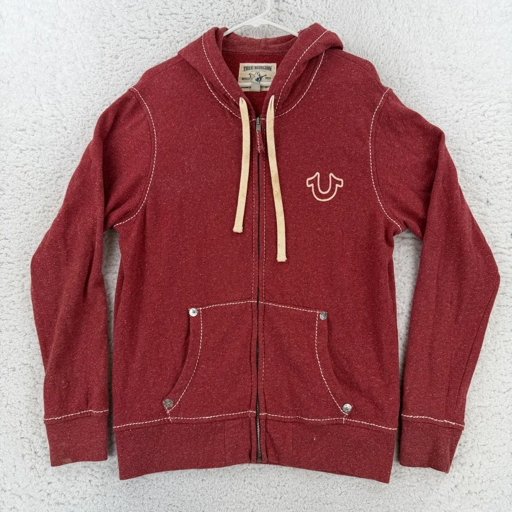 True Religion Hoodie Mens Large Red Full Zip Fleece Big T Logo Sweatshirt
