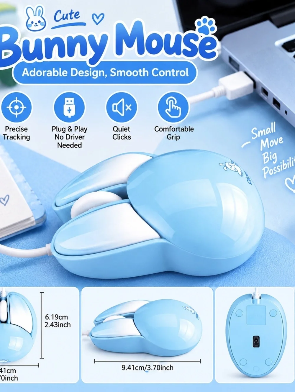 Cute Bunny Mouse Wired USB Computer Mouse with Precise Tracking and Comfortable