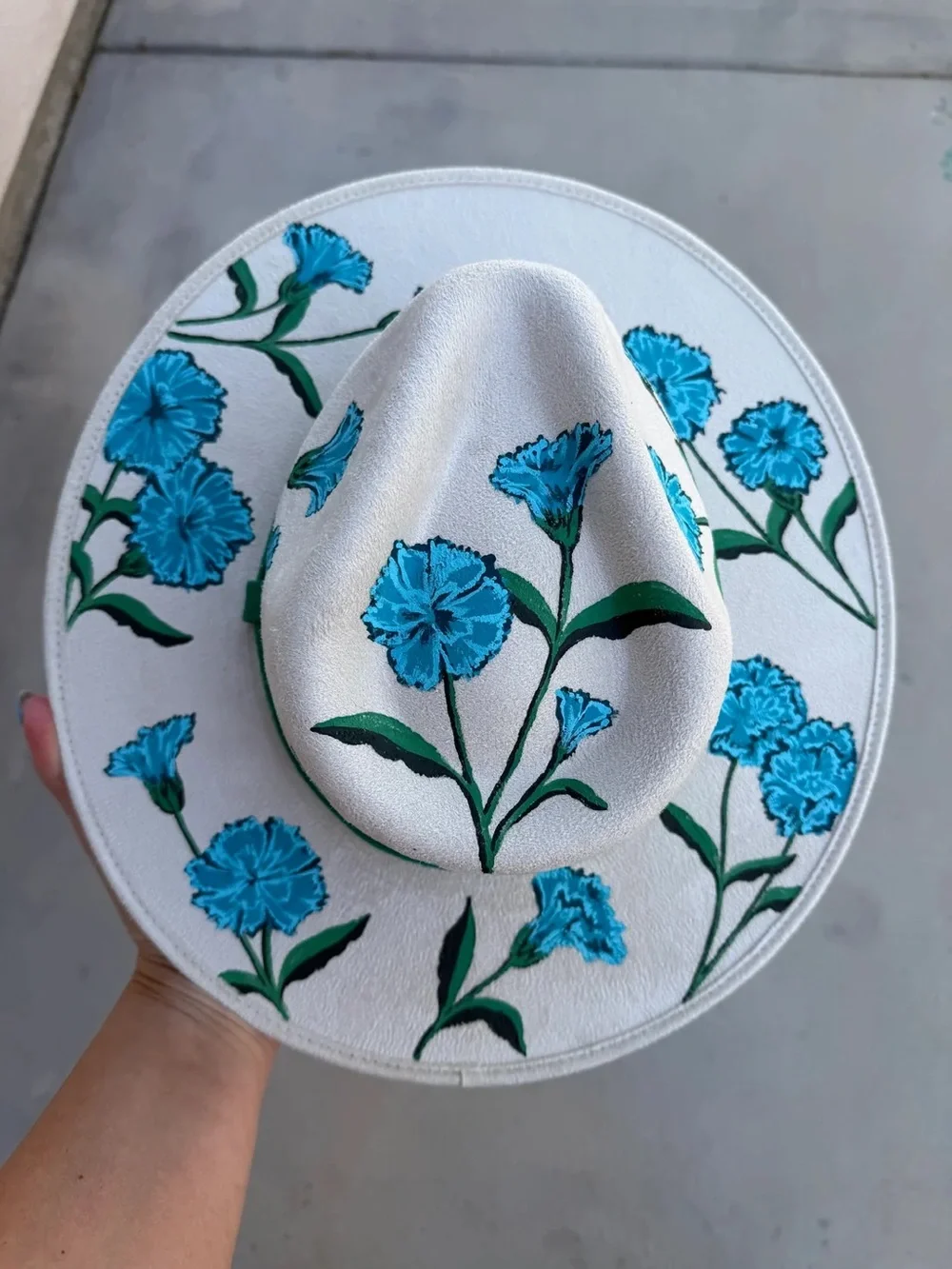 Ivory floral carnations suede rancher cowboy hat wide brim hand painted