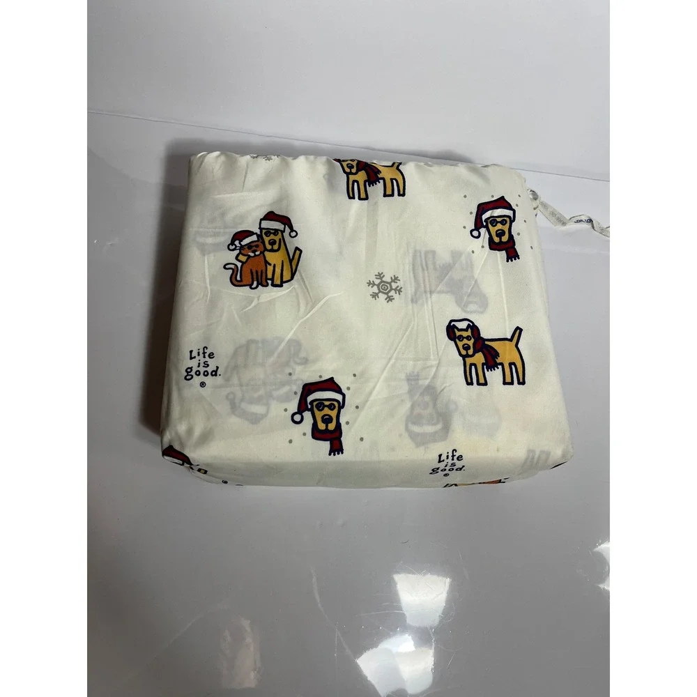 Life is Good Sheet Set Queen White Cotton Christmas Holiday Dog Cat Snowflake