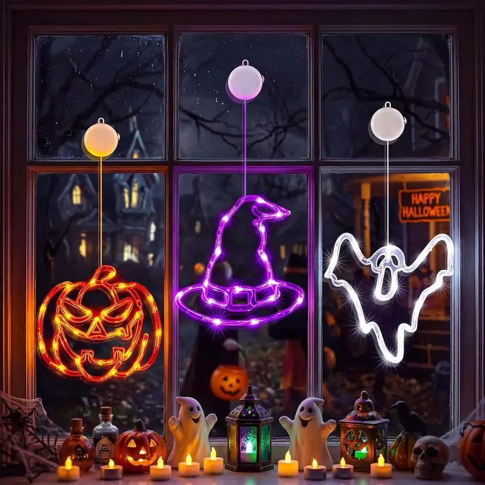 Halloween Window Lights 3 Pack Pumpkin Ghost Hat Battery Operated with Timer