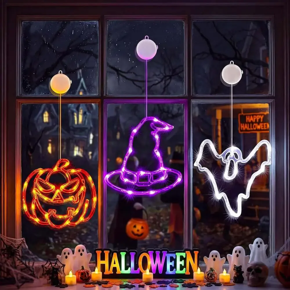 Halloween Window Lights 3 Pack Pumpkin Ghost Hat Battery Operated with Timer