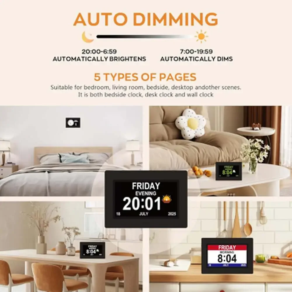 Digital Elderly Clock with Large Display 7 Inch Black Day Date Time Alarm For