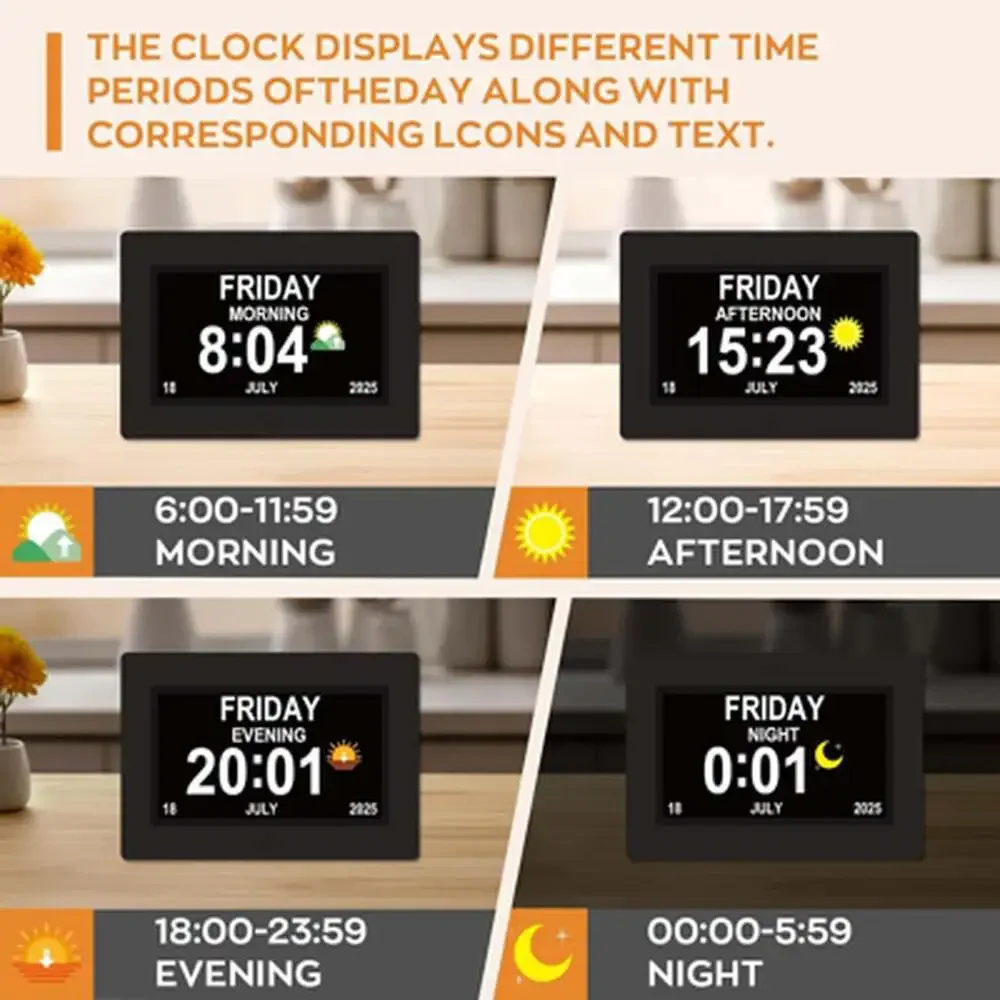 Digital Elderly Clock with Large Display 7 Inch Black Day Date Time Alarm For
