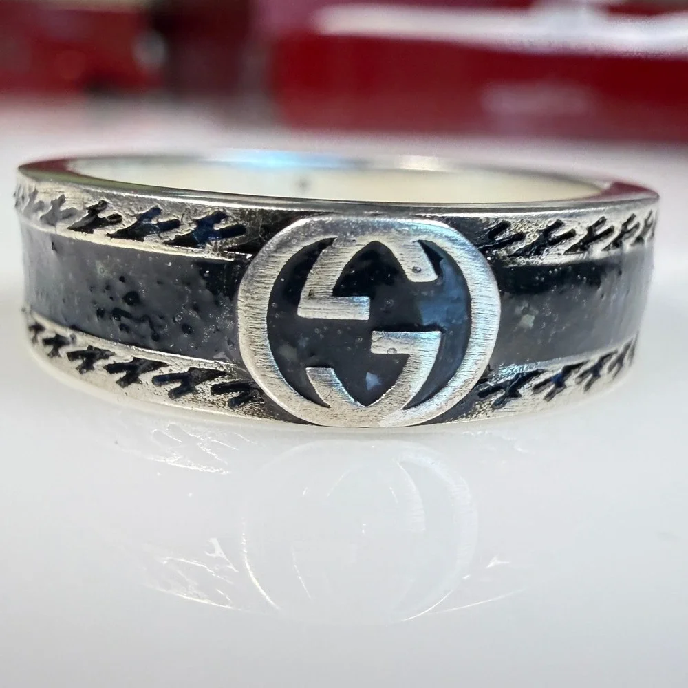 Gucci Interlocking GG 745573 Black Resin Sterling Silver 925 Ring Size 20 US 9