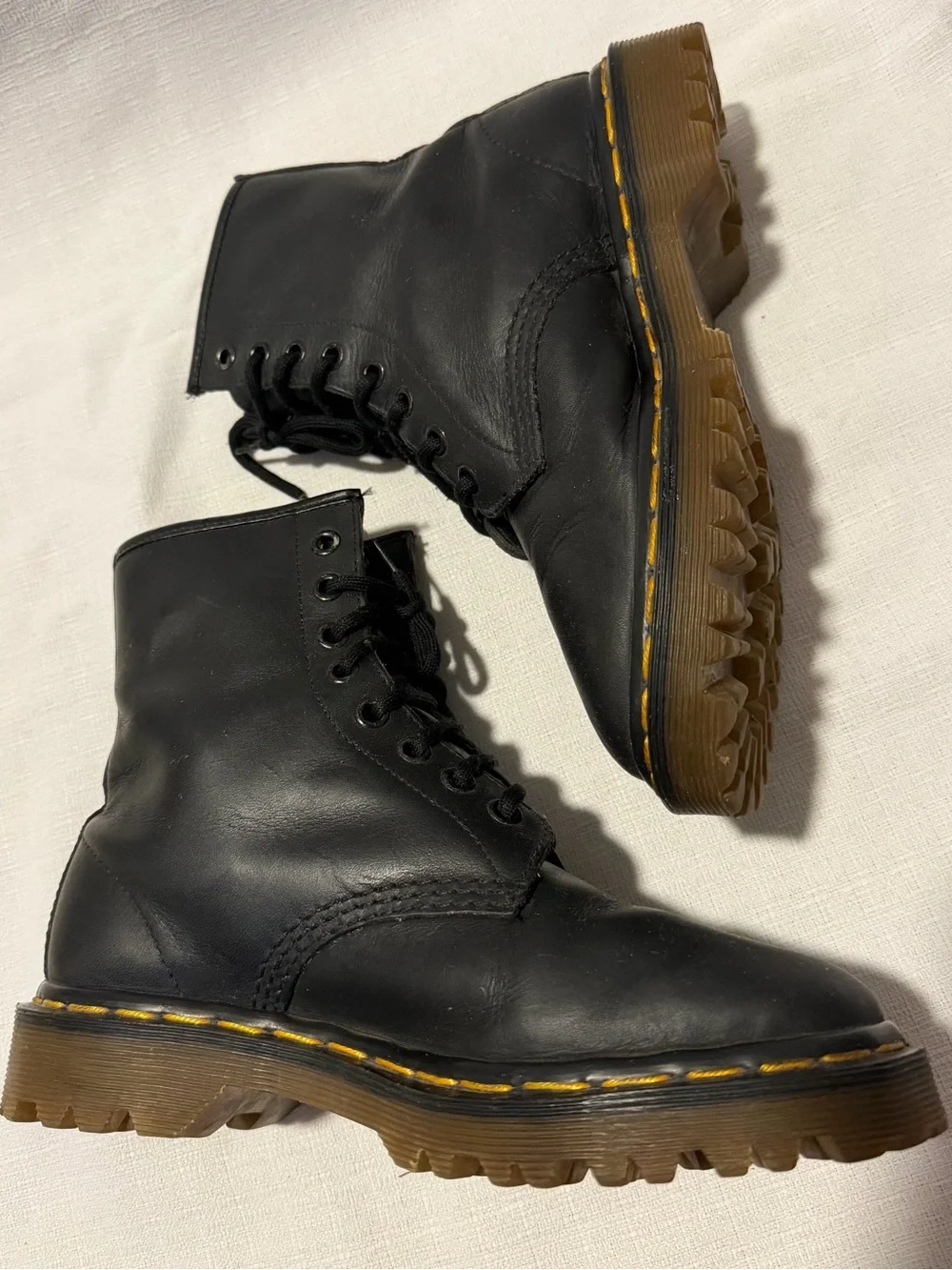 Dr. Martens Black Leather Lace-Up Combat Boots with‎ Yellow Stitching sku182