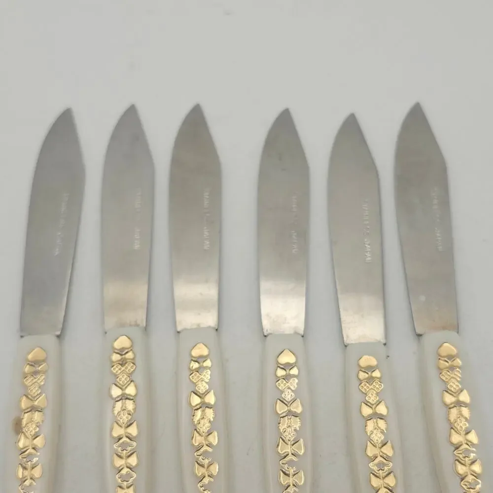 Vintage 6 Mini Cocktail Appetizer‎ Knives Japan Cream Gold Floral MCM Stainless