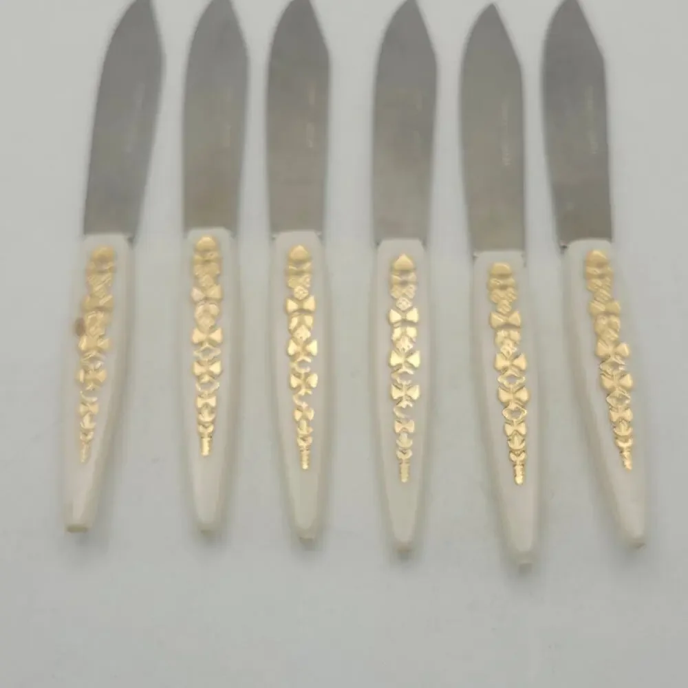 Vintage 6 Mini Cocktail Appetizer‎ Knives Japan Cream Gold Floral MCM Stainless