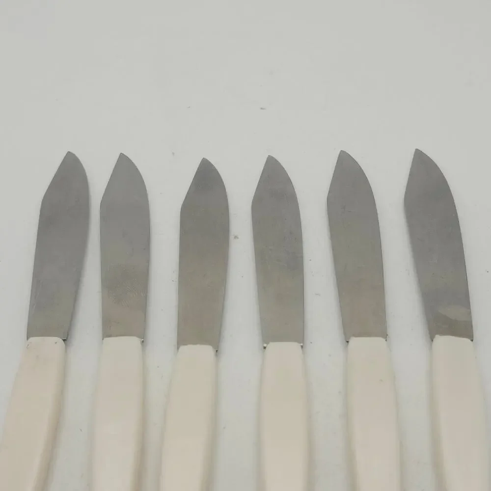 Vintage 6 Mini Cocktail Appetizer‎ Knives Japan Cream Gold Floral MCM Stainless