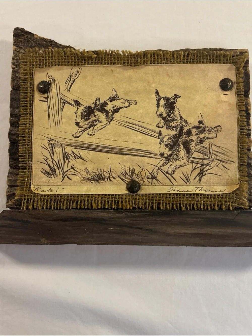 Diane Thorne “Rats” Distressed Art - wood stand burlap