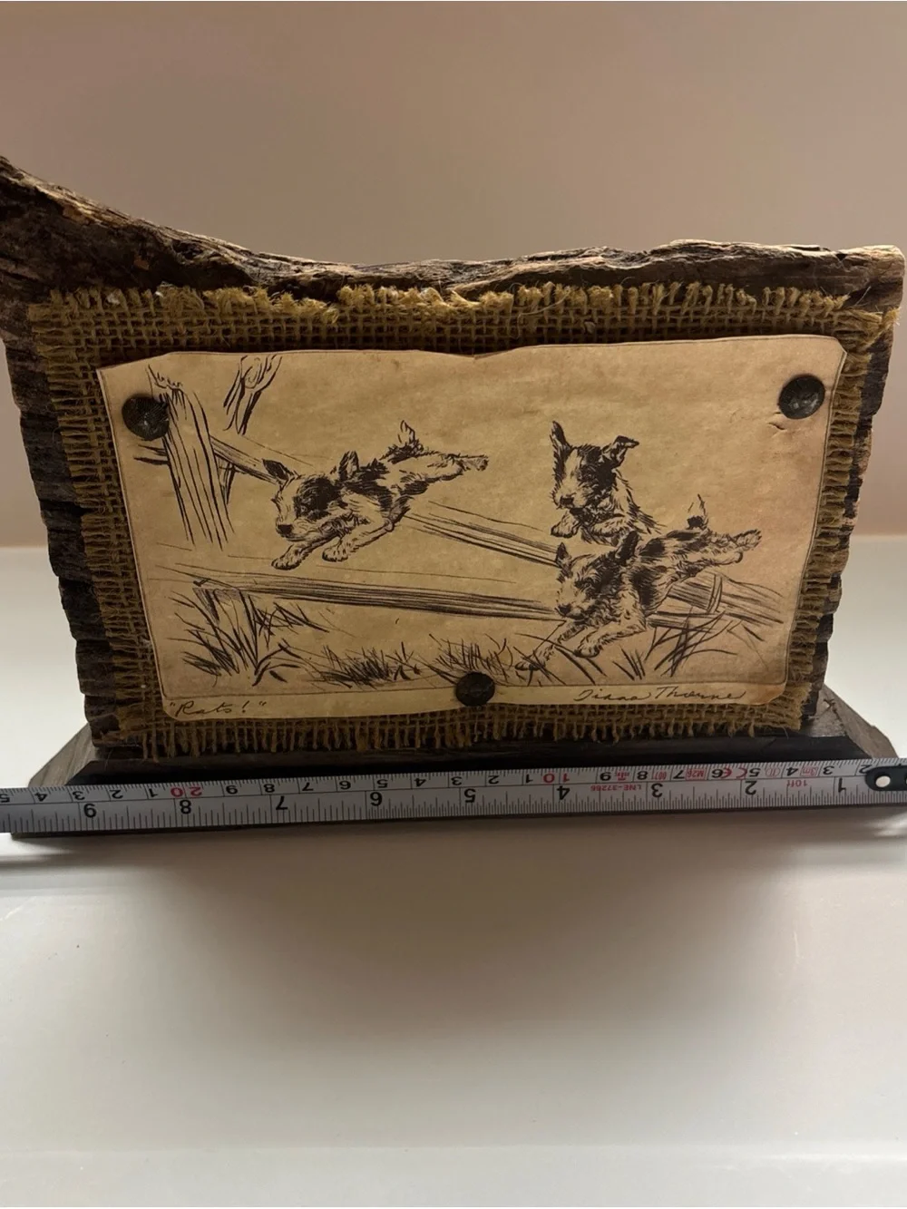 Diane Thorne “Rats” Distressed Art - wood stand burlap