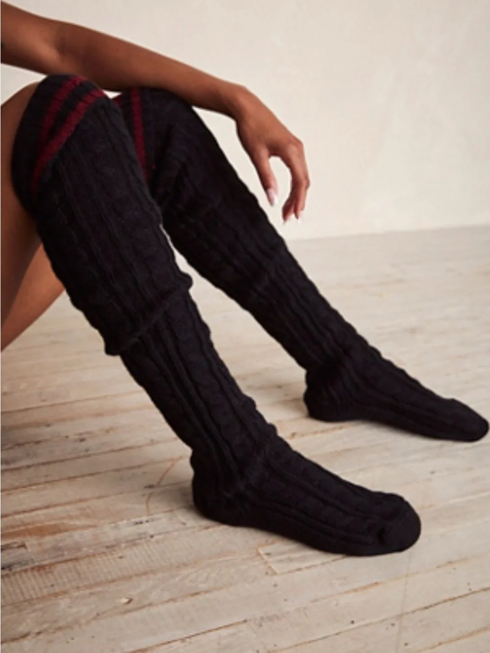 Alpine Stripe Cable Over-the-Knee Navy/ Black Socks w/ Burgundy Stripe 🧦