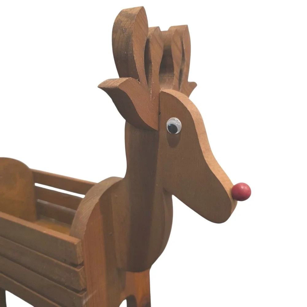 Vintage Rustic Wood Reindeer Planter, Christmas Holiday Rudolph Storage Box 16