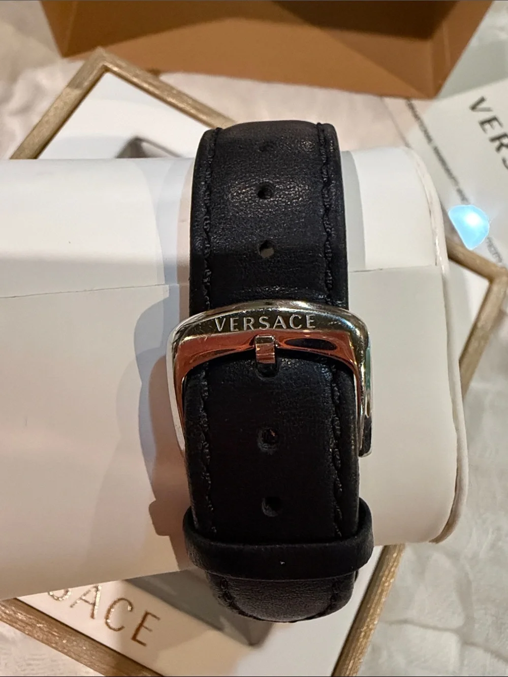 Versace Green Dial Gold-Tone Bezel Men's Watch with Black Leather Strap