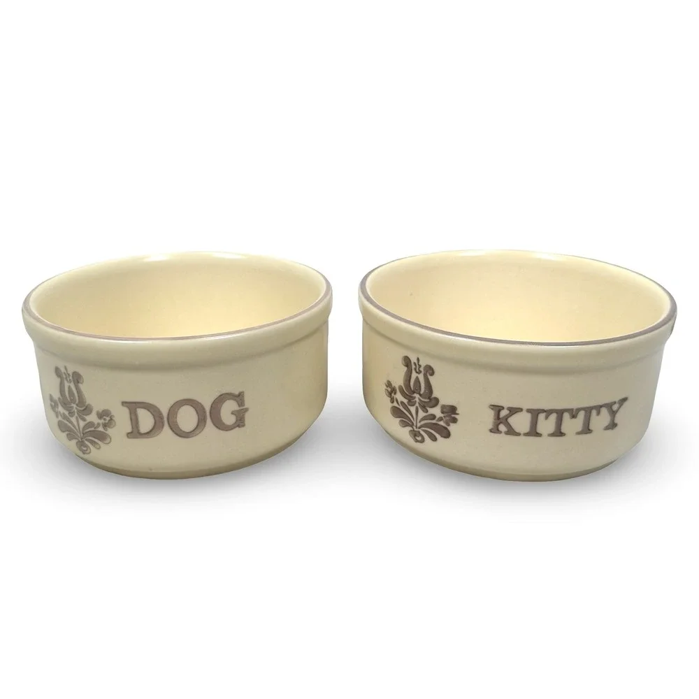 Vintage Pfaltzgraff Village Pet Bowl Set Dog Kitty Cat Stoneware 806 USA Yellow