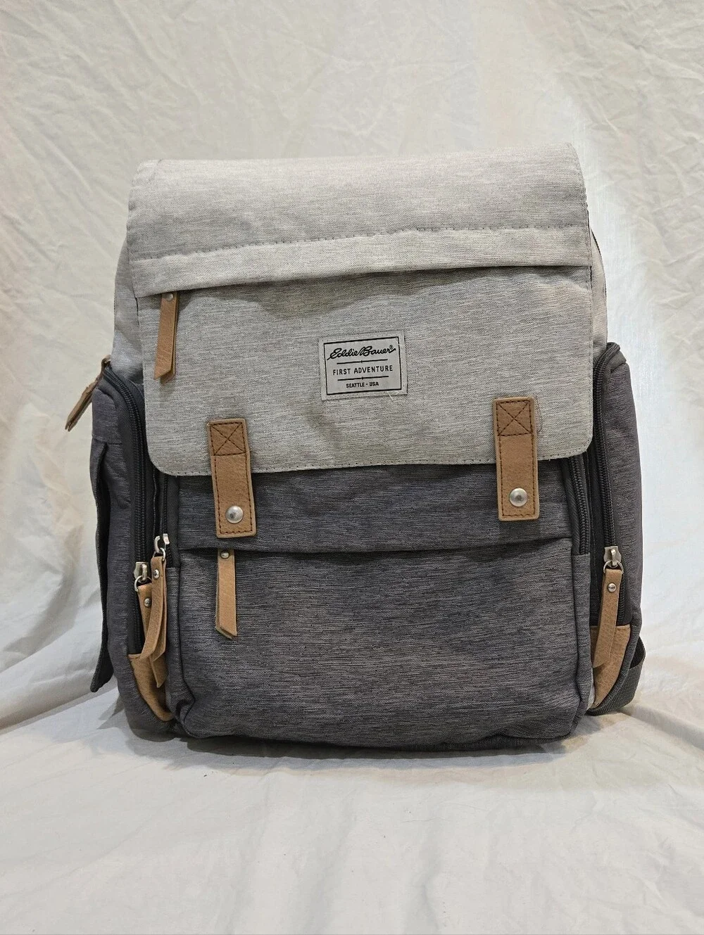 Eddie Bauer Gray Two-Tone Canvas Backpack Diaper Bag with Tan Accents
